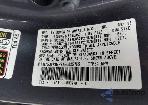 2015 Honda Cr-V Touring из США, поврежденный, VIN 5J6RM3H91FL025765